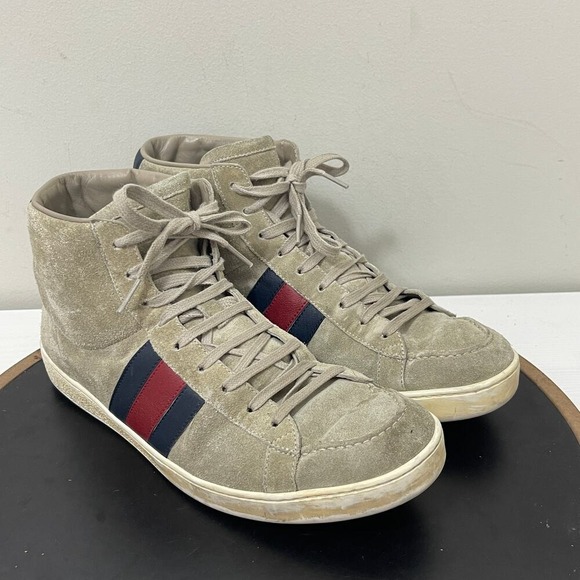 Gucci Sneakers Mens Size 8G Beige Suede Web Stripe High Top Sneakers Italy